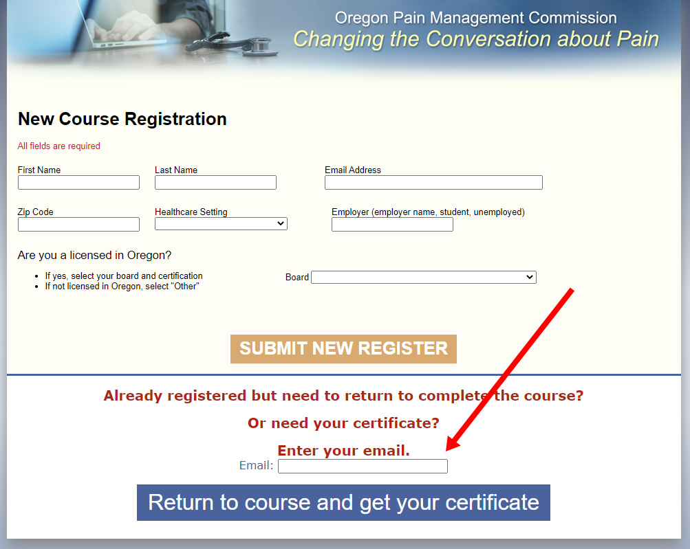 Screen capture of the registration/login screen