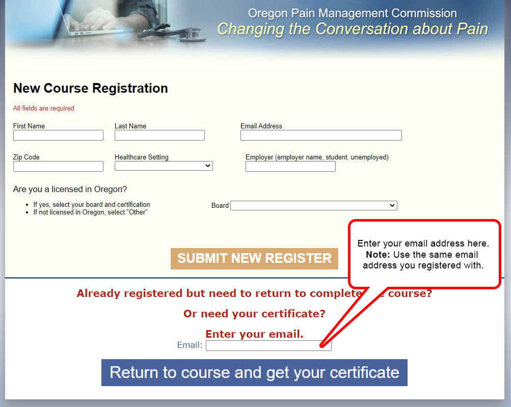 Screen capture of the registration/login screen